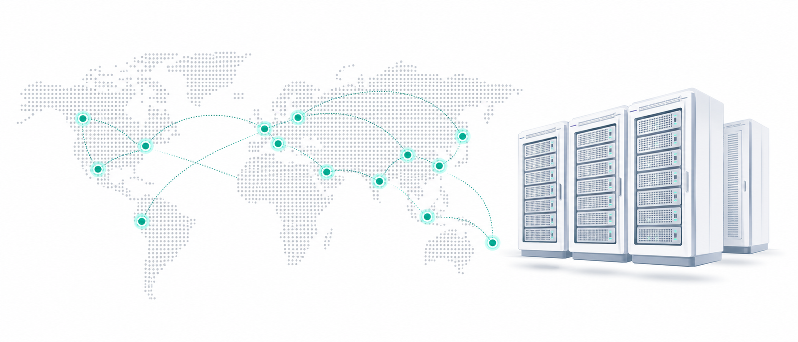 World map showing connected AI data center locations, with server rack illustration